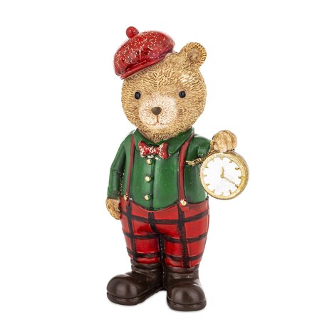 Figurka - Miś brązowy pracownik z zegarkiem w zielonej koszuli 12,5x7x5 cm
