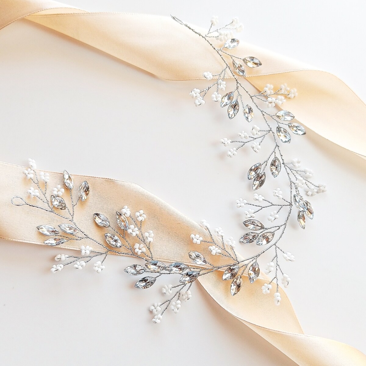 Gałązka do włosów z koralikami KRYSZTAŁKAMI srebro