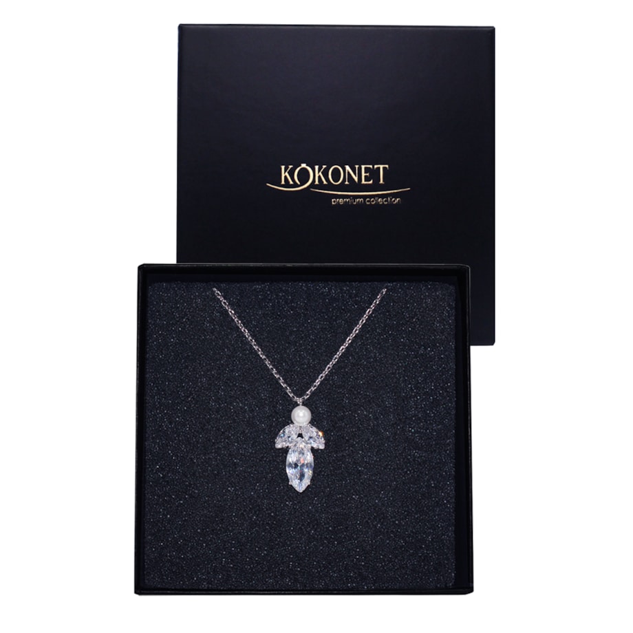 Srebrny naszyjnik z cyrkoniami i perłami listki BOHO glam ŚLUB okazja TREND