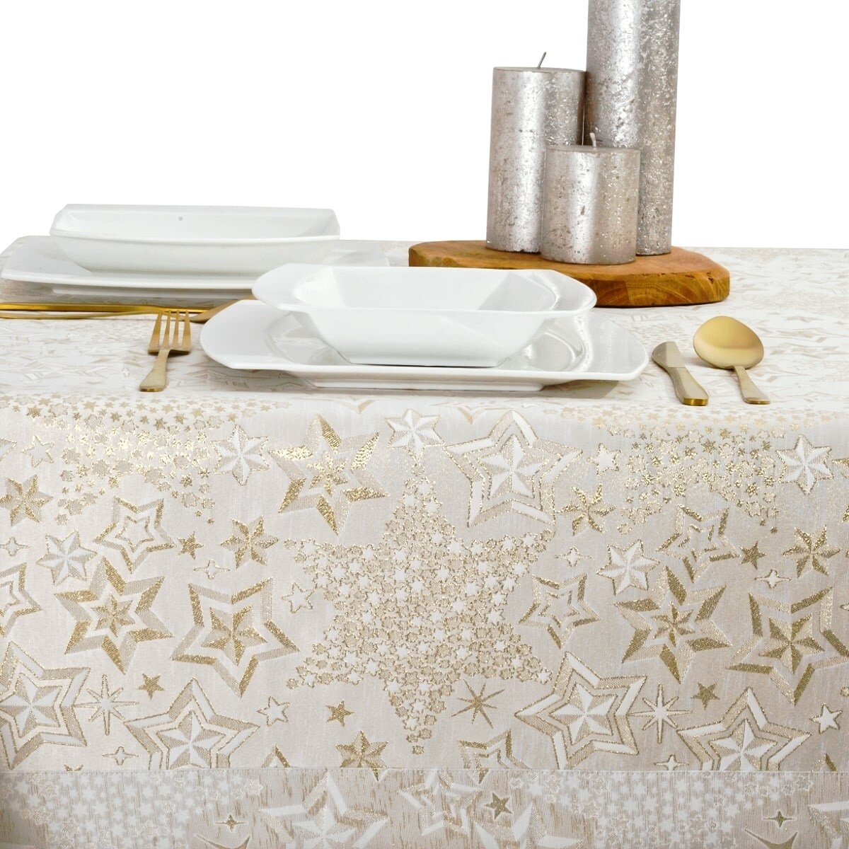 Obrus kremowo złoty Gwiazdki - 120x180 cm - złoty
