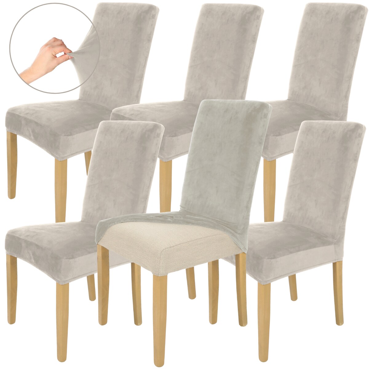 Pokrowiec Na Krzesło Zestaw 6 Szt Chłodny Beż Welur Elastczyny