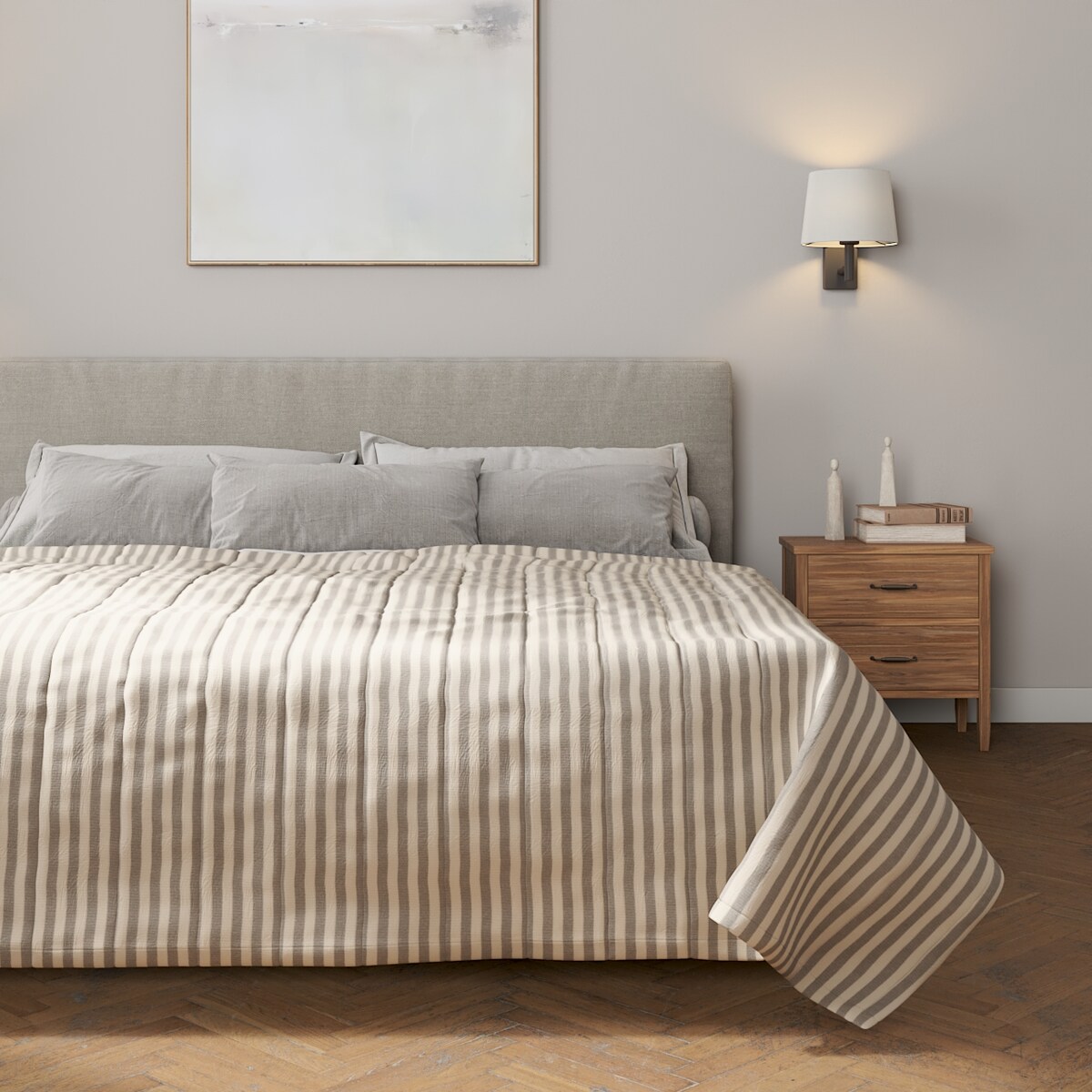 Narzuta pikowana w pasy 200x210 szaro-białe pasy (1,5cm)
