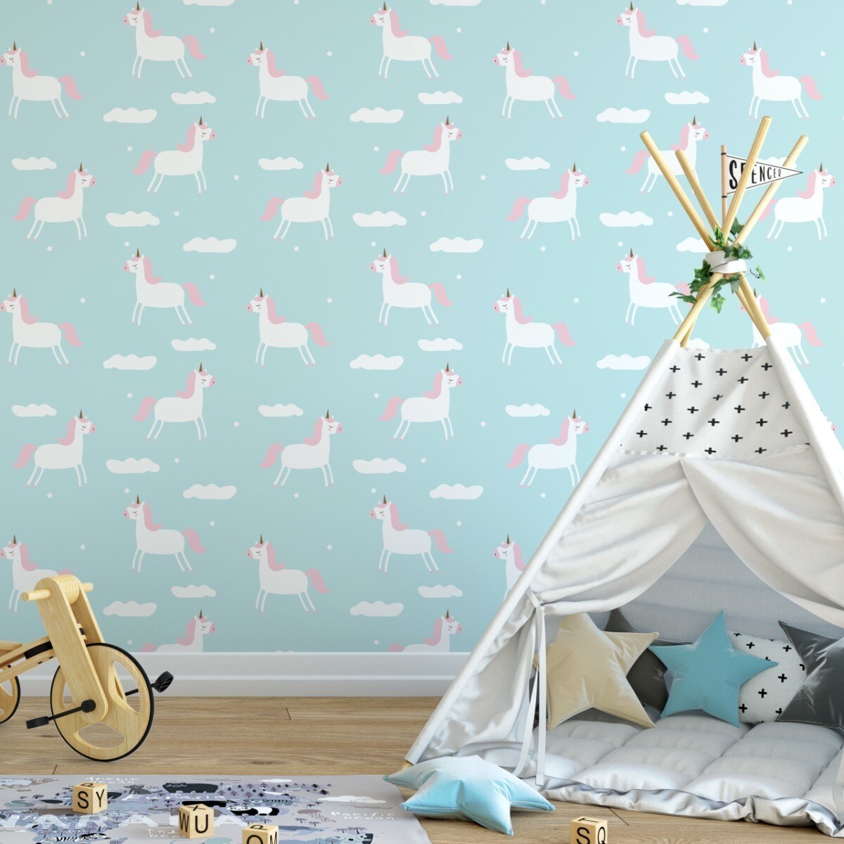 Tapeta Ozdobna Do Pokoju Dziecka JEDNOROŻCE Chmury Bajka