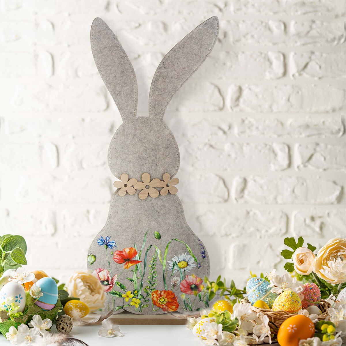 Królik Zajączek Wielkanocny Dekoracja Stojąca Ozdoba Drewniana Podstawka Jasnoszary