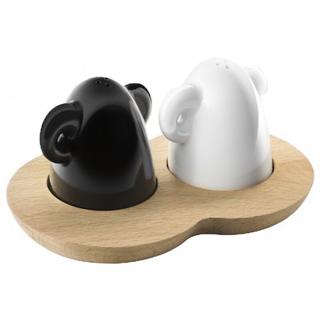 Solniczka i pieprzniczka na drewnianej podstawce