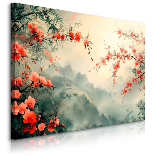 Obraz Do Salonu Czerwone Kwiaty Góry We Mgle Natura Styl Japoński 120x80cm