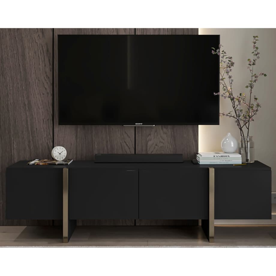 Szafka RTV Kenzo Nowoczesna Komoda RTV Glamour Czarny Mat 180 cm