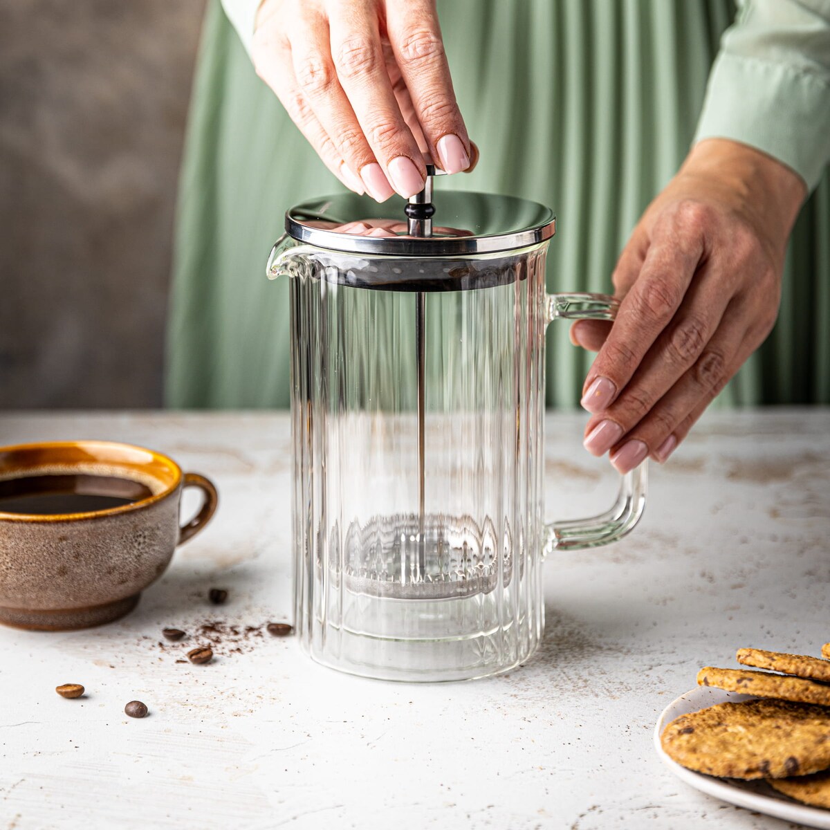 Zaparzacz do kawy herbaty szklany 600ml French Press srebrny KLAUSBERG