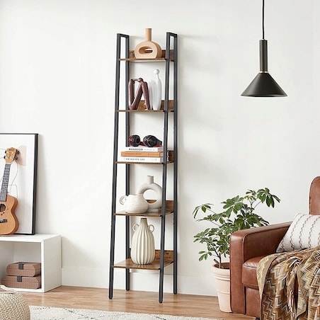 Industrialny regał stojący czarny 5 półek drabinka na książki loft modern