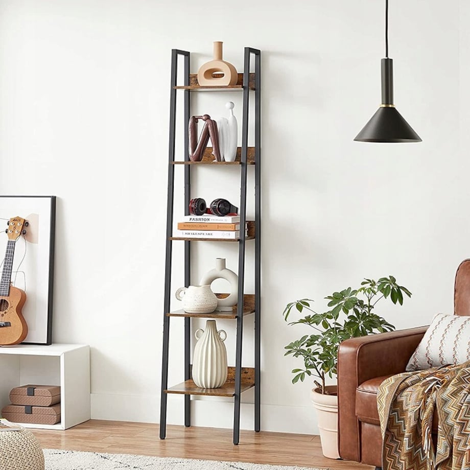 Industrialny regał stojący czarny 5 półek drabinka na książki loft modern