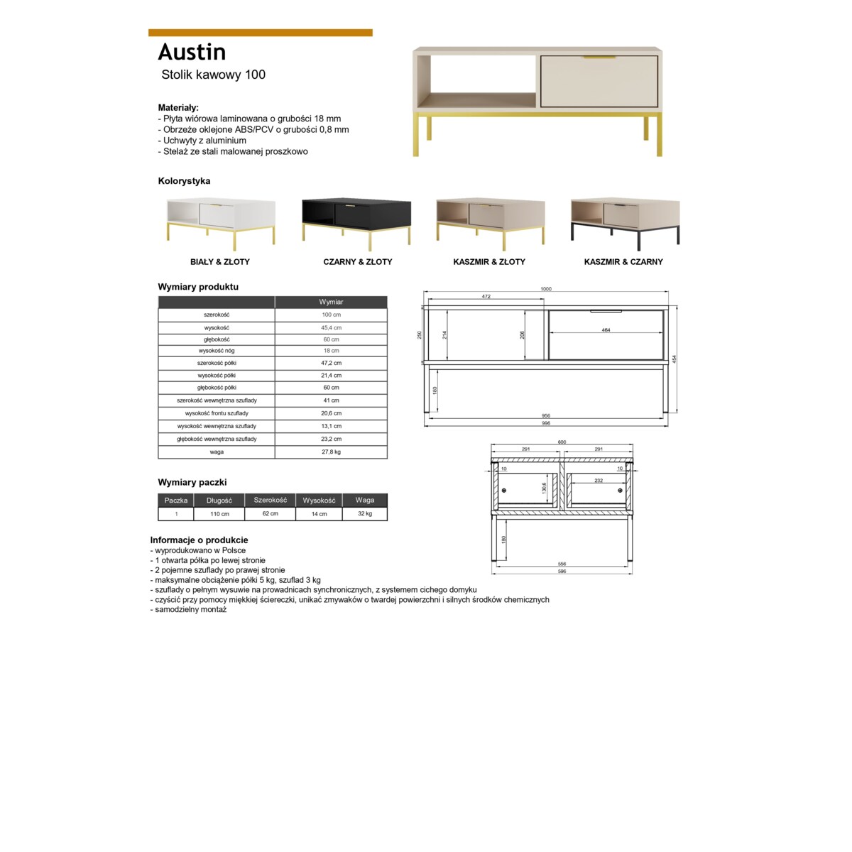 Stolik kawowy Austin 100 kaszmir & złoty