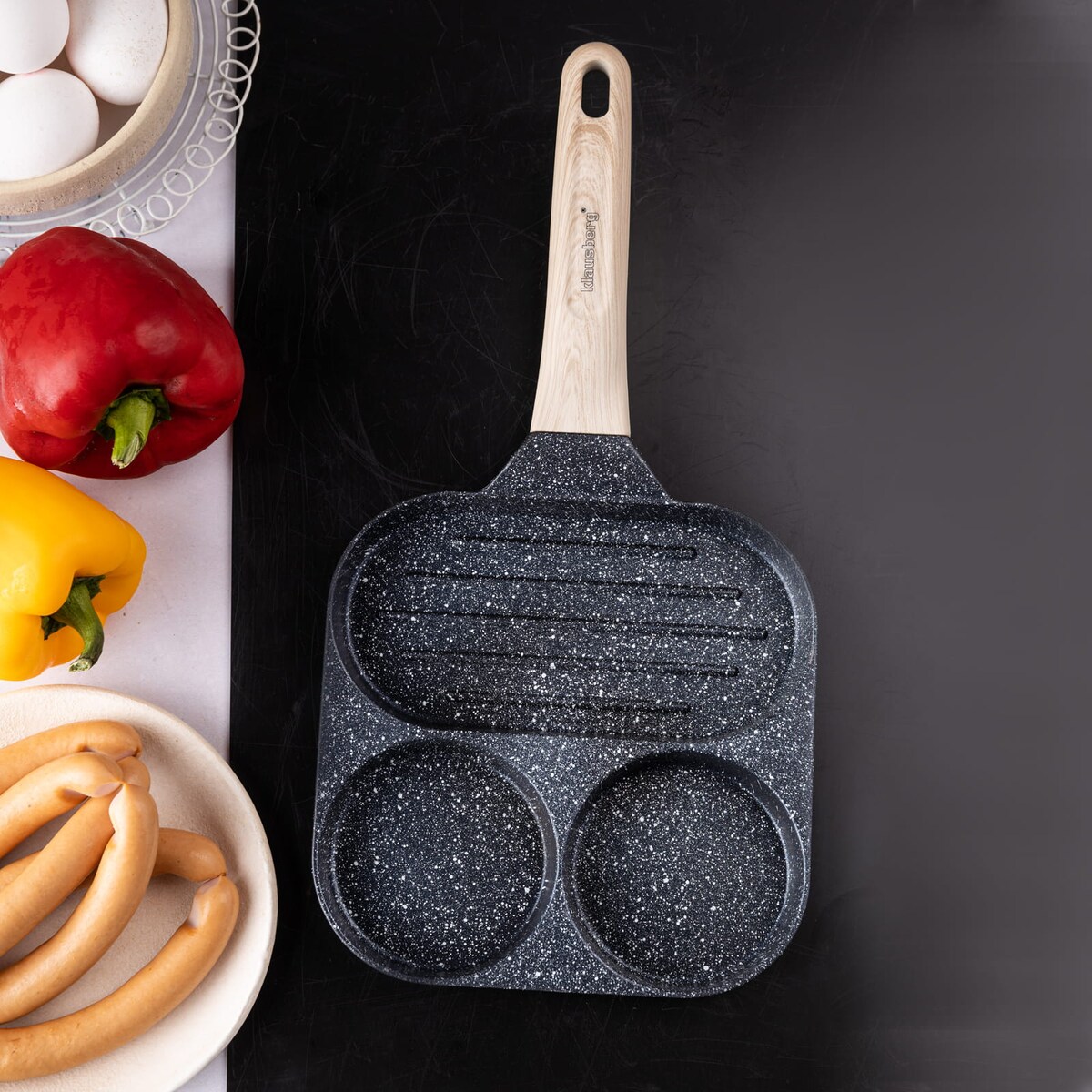 Patelnia marmurkowa 3 w 1 do jajek naleśników placków pancake grill 18cm CZARNA KLAUSBERG