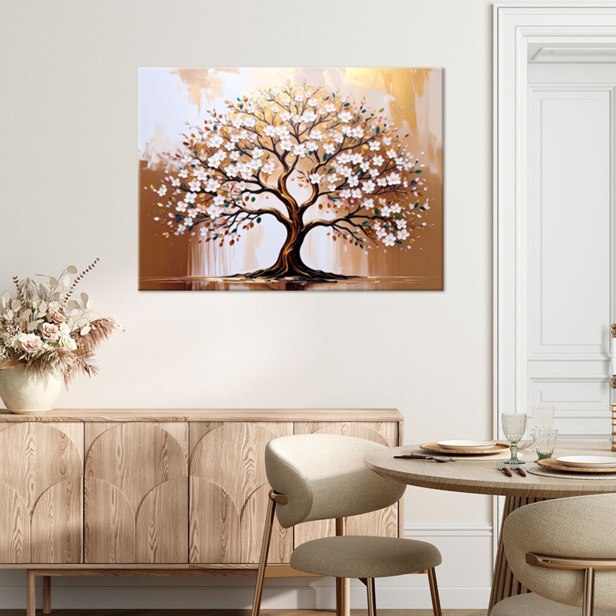 Feeby Obraz nowoczesny do salonu sypialni, Drzewo Życia Kwiaty Beżowy 60x40