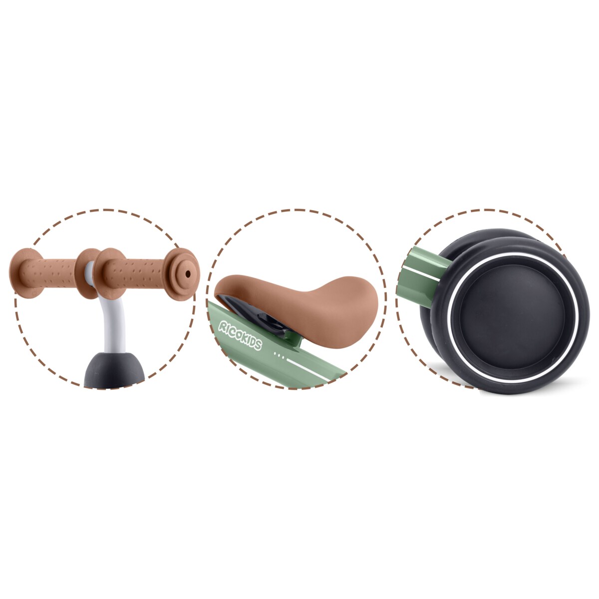 Rowerek biegowy trójkołowy jeździk dla dzieci lekki Ricokids zielono-brązowy