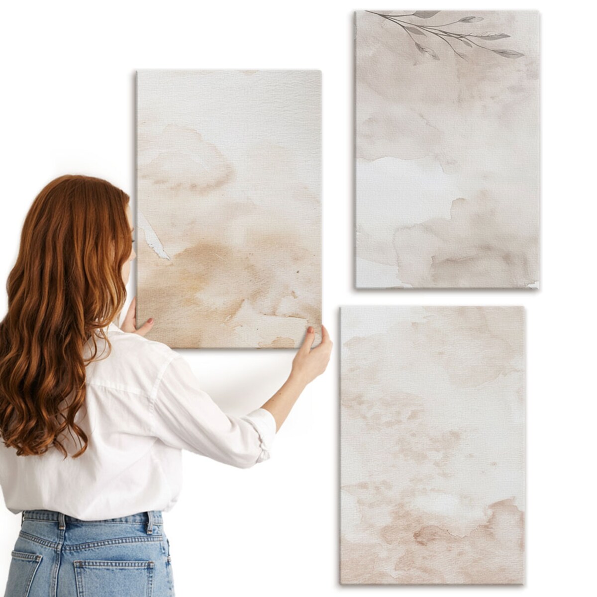 Zestaw 3 dużych obrazów na płótnie - Akwarelowe liście pastelowe - beżowy