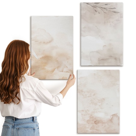 Zestaw 3 dużych obrazów na płótnie - Akwarelowe liście pastelowe - beżowy