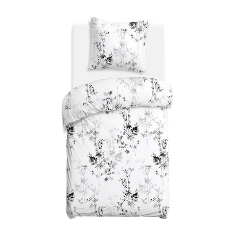 Pościel satyna bawełniana 140x200 Noira biała z czarnym i szarym botanicznym wzorem, Satynlove