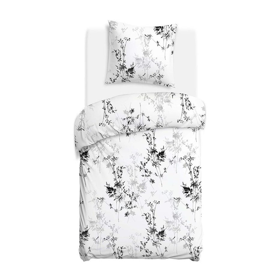 Pościel satyna bawełniana 140x200 Noira biała z czarnym i szarym botanicznym wzorem, Satynlove