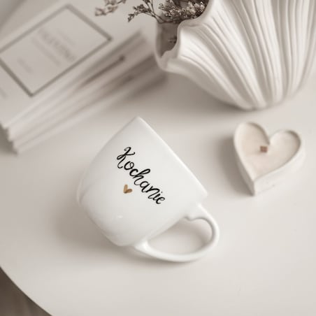 Biały Kubek Porcelanowy 300 ml - Napis Dzień Dobry Kochanie ze Złotym Sercem dla Ukochanej Osoby na Rocznicę