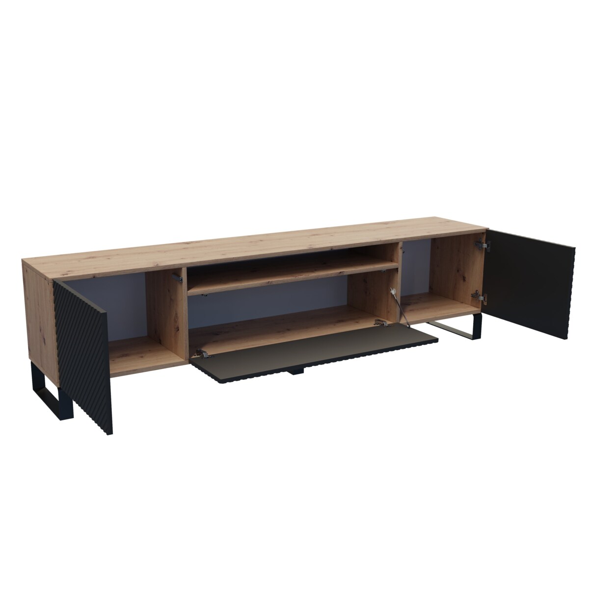 Szafka RTV NIKOL na metalowych nogach, frezowane fronty-czarna+artisan