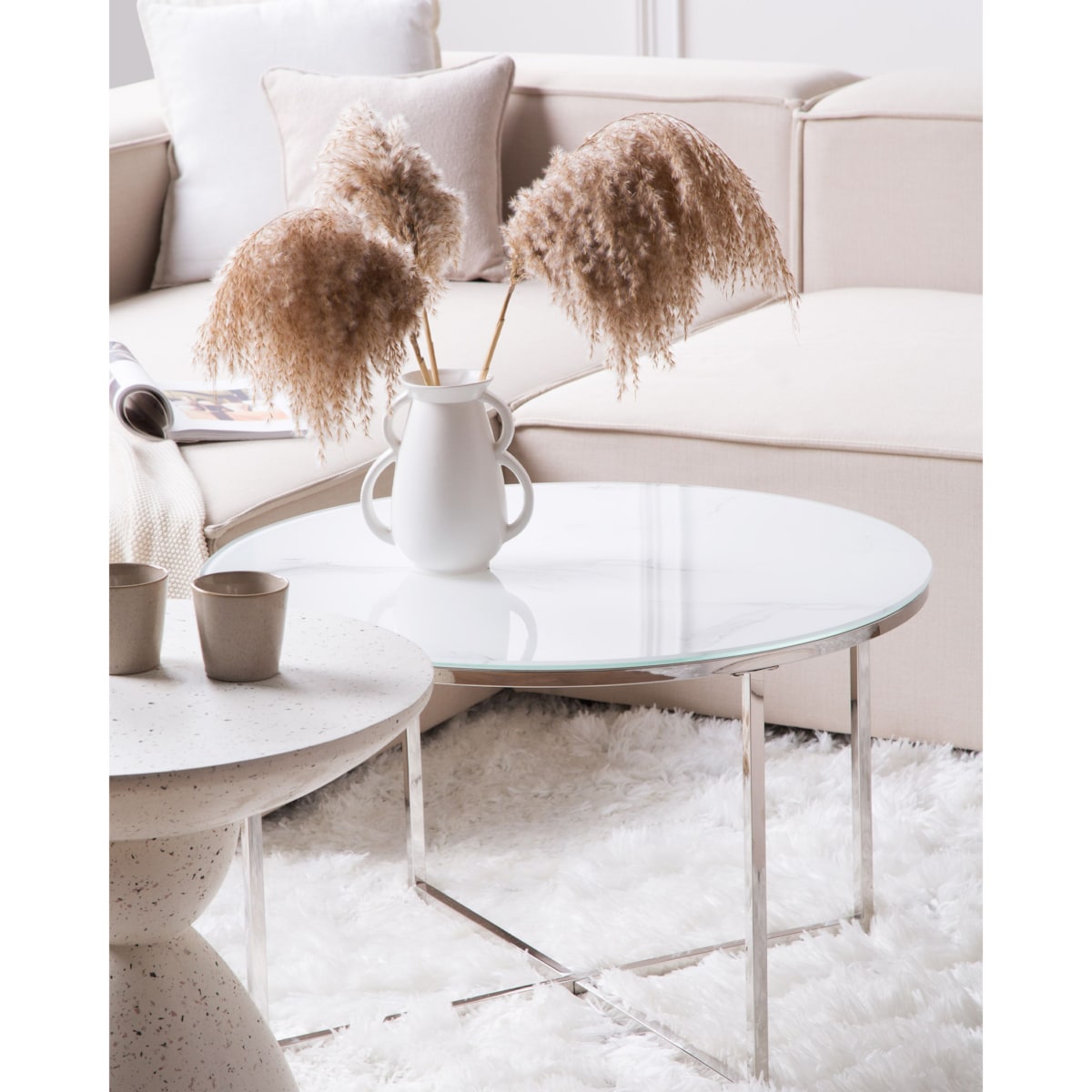 Stolik kawowy QUINCY Szkło hartowane Marmur/ srebrny