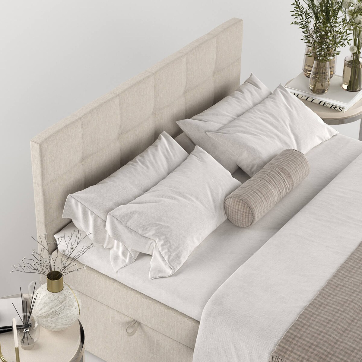 Łóżko tapicerowane LEAN 160x200 z pojemnikiem, Jasny Beż, tkanina Inari 22