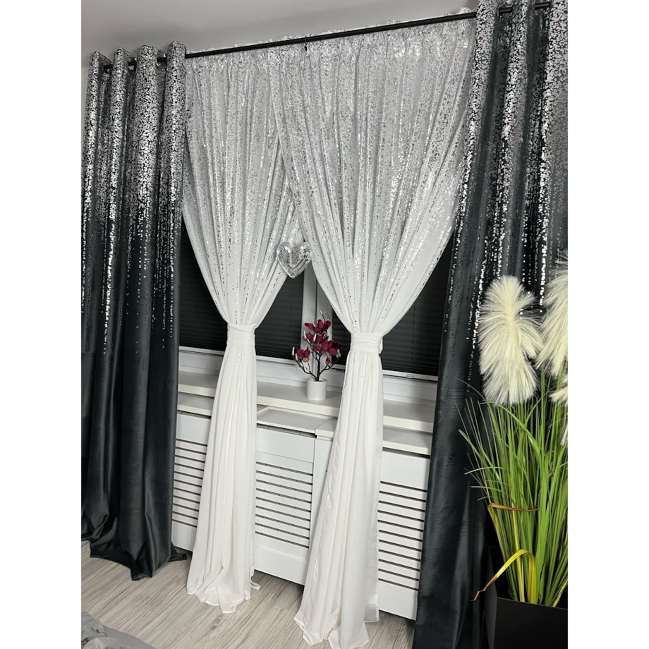 firana "srebrny deszcz " z etaminy | 140x250 przelotki