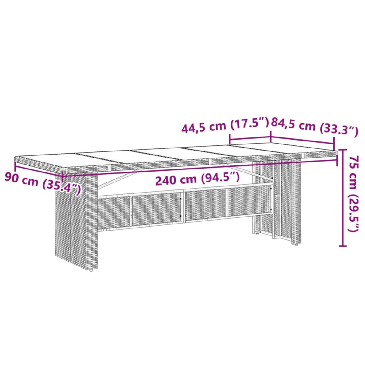 vidaXL Stół ogrodowy ze szklanym blatem, brąz, 240x90x75cm, polirattan