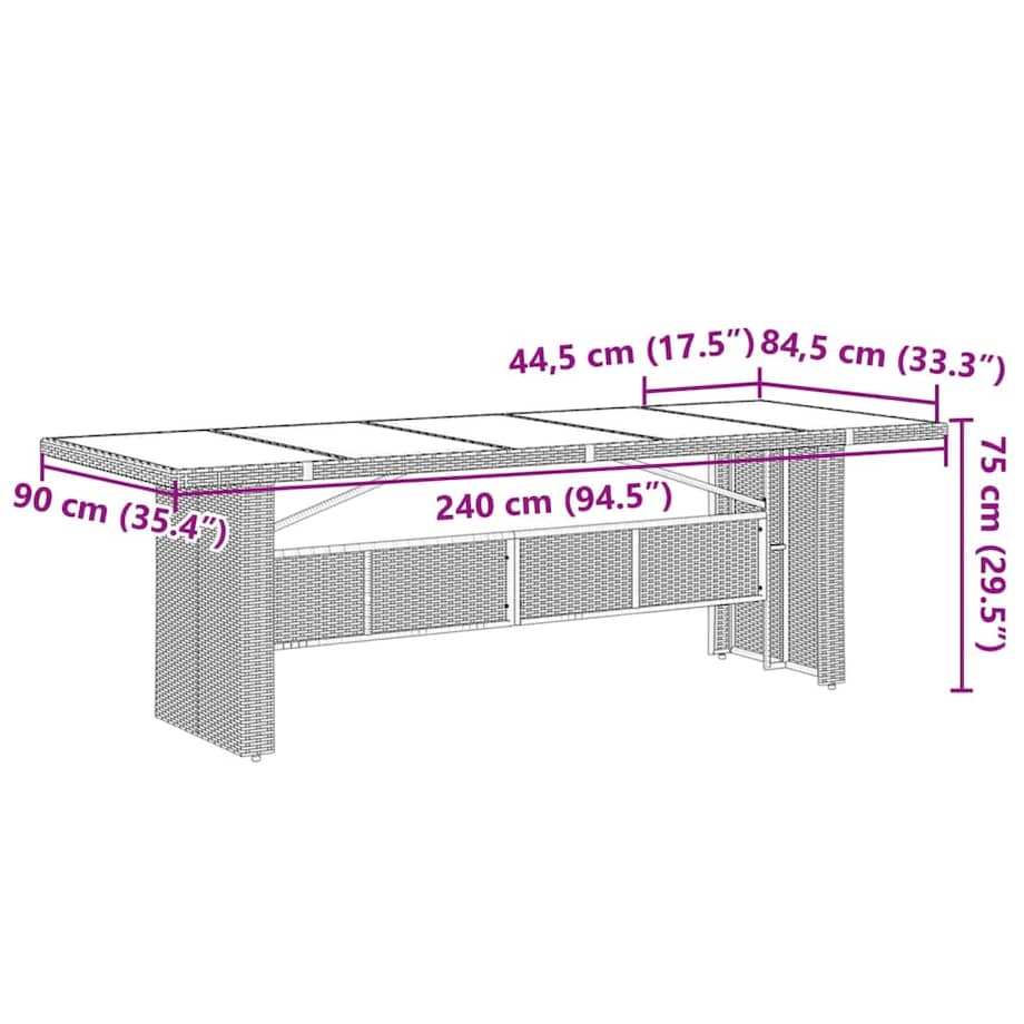 vidaXL Stół ogrodowy ze szklanym blatem, brąz, 240x90x75cm, polirattan