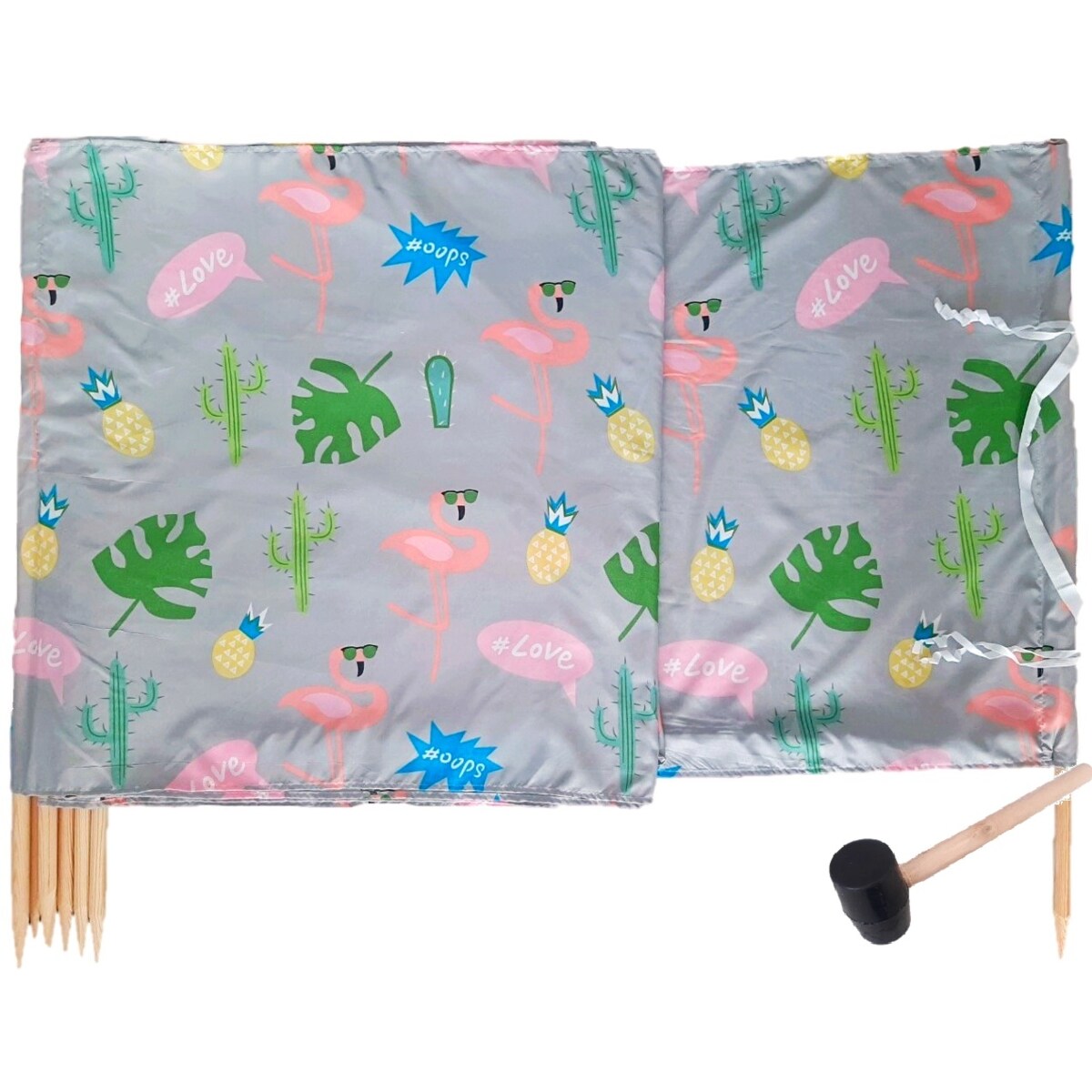 Parawan Plażowy Zasłona 15 M Na Plażę Składany Letni Szary Flamingi Młotek W Zestawie