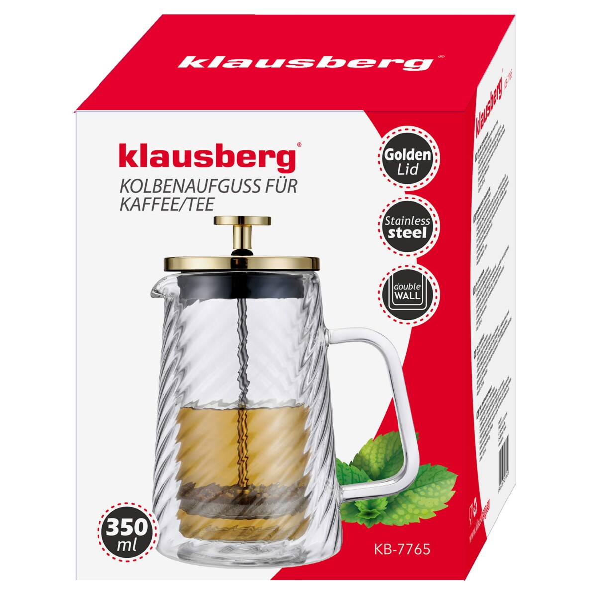 Zaparzacz do kawy herbaty szklany 350ml French Press złoty KLAUSBERG