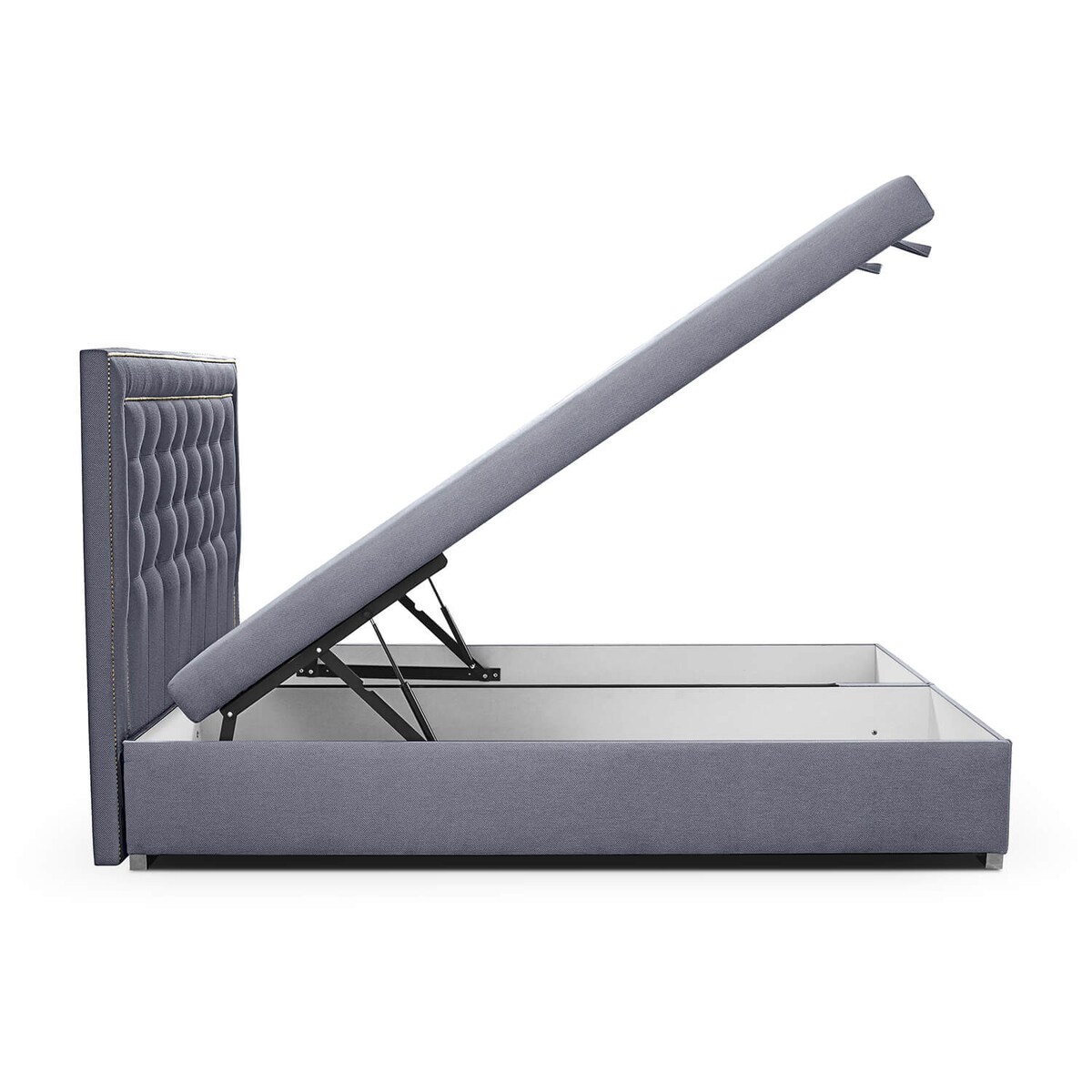 Łóżko tapicerowane BALFORD 200x200 z pojemnikiem, Niebieskoszary, tkanina Megan 360
