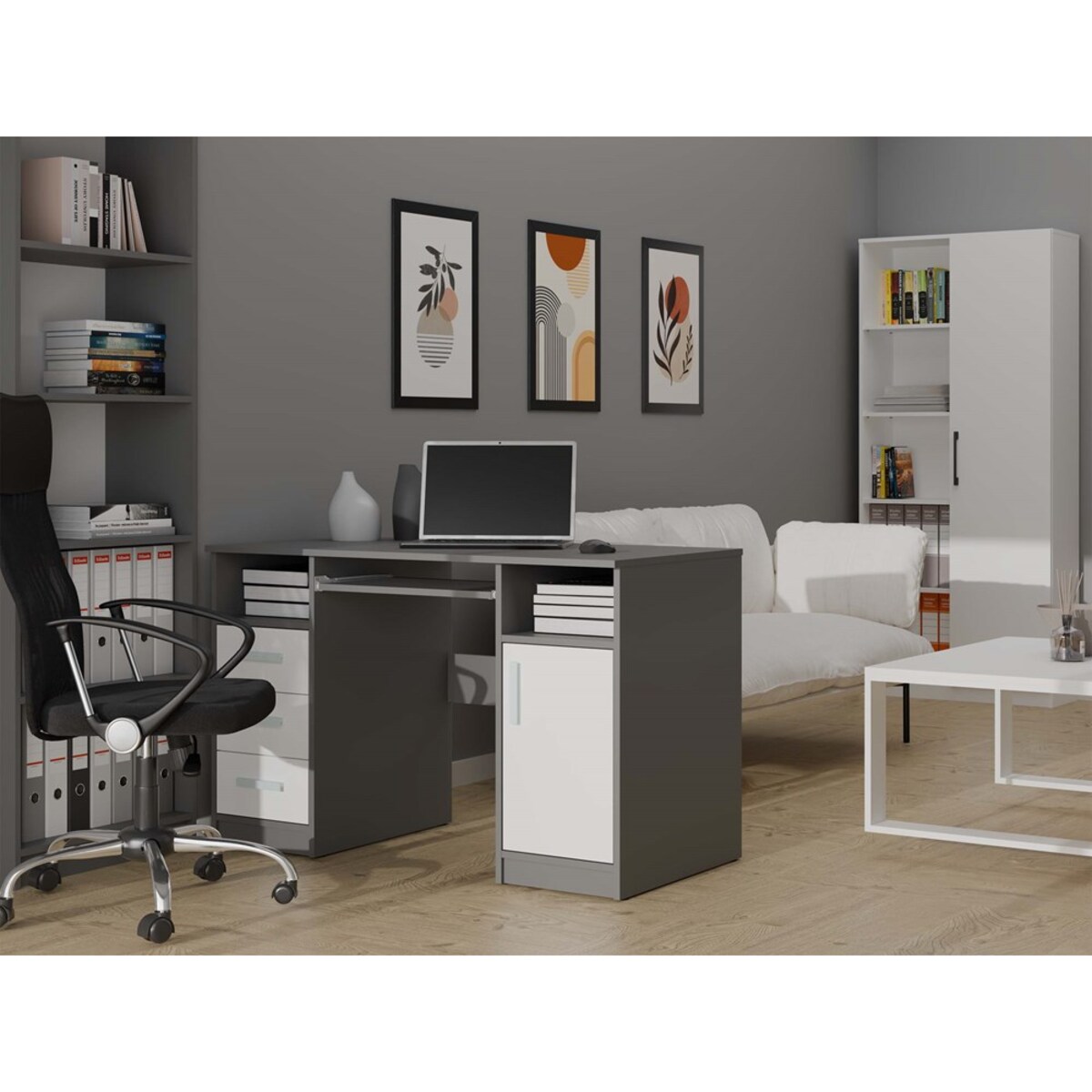 BIURKO DELTA ANTRACYT / BIAŁY 120 Cm 3 Szuflady Szafka Półki Do Biura Pokoju Na Laptop