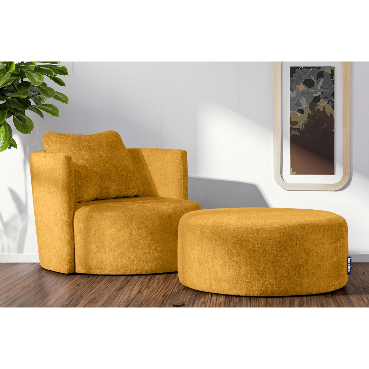 KONSIMO RAGGI Zestaw fotel i puf obrotowy musztardowy