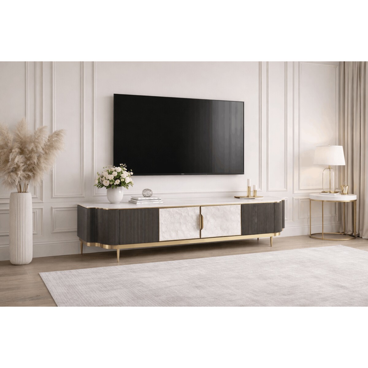 Grafitowa szafka RTV glamour z muszlami i spiekiem Champion 200x42x52