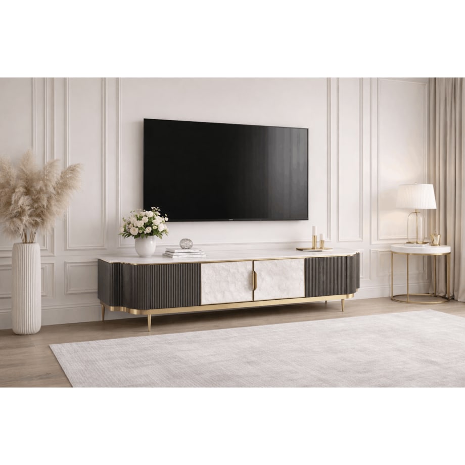 Grafitowa szafka RTV glamour z muszlami i spiekiem Champion 200x42x52