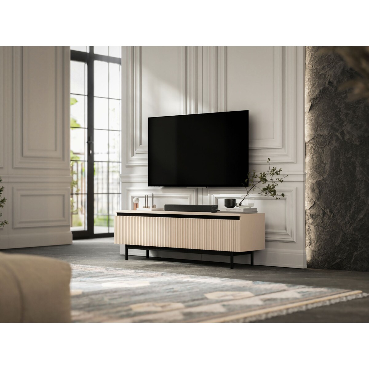 Nowoczesna Szafka RTV Komoda Glamour RTV Kaszmir Mat rama w kolorze czarnym 140 cm