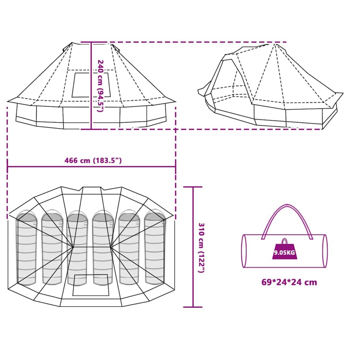 vidaXL Rodzinny namiot tipi z dachem Zielony 466 x 310 x 240 cm