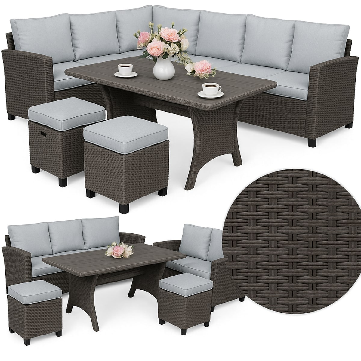 Zestaw Ogrodowy Wypoczynkowy Narożnik Stół Pufy Meble Ogrodowe Technorattan Venezia