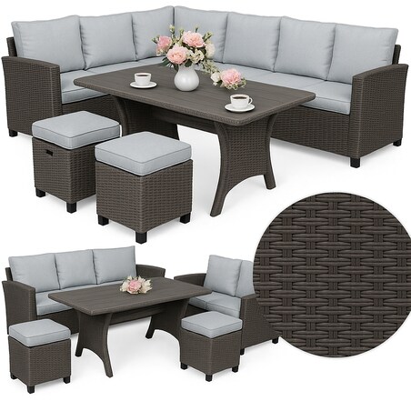Zestaw Ogrodowy Wypoczynkowy Narożnik Stół Pufy Meble Ogrodowe Technorattan Venezia