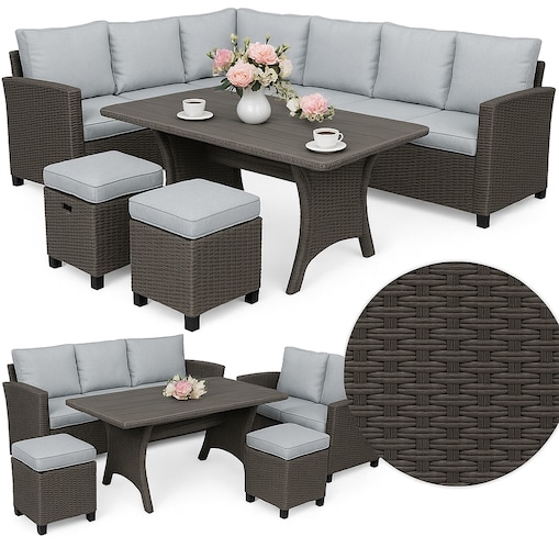 Zestaw Ogrodowy Wypoczynkowy Narożnik Stół Pufy Meble Ogrodowe Technorattan Venezia