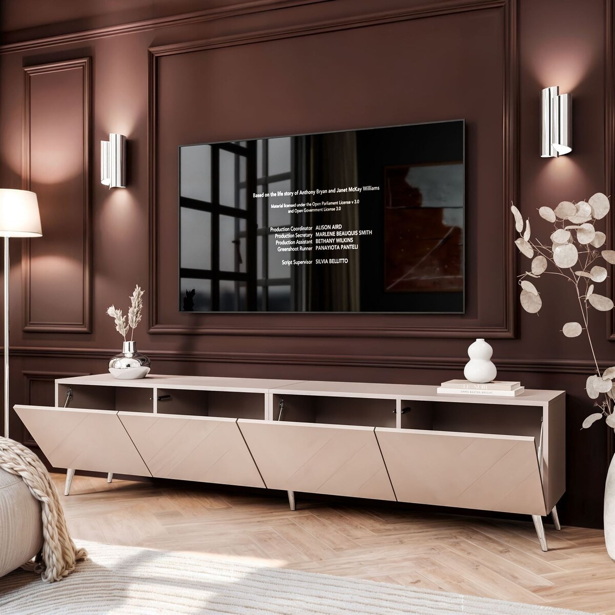 Szafka RTV COLGANTE 200 kaszmir wysoki połysk, oświetlenie LED, nóżki skośne srebrne