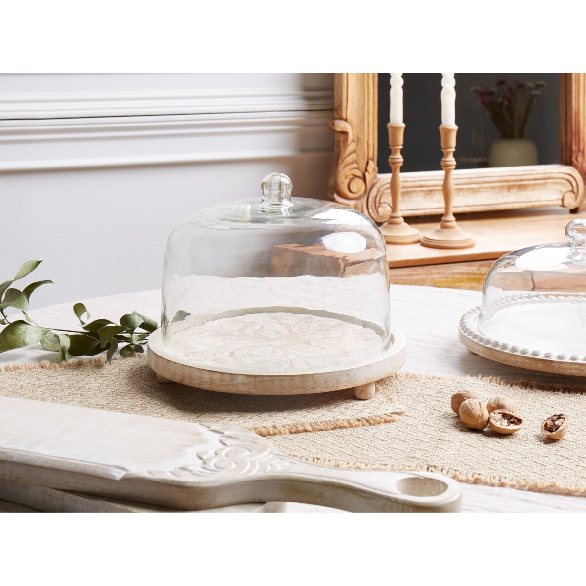 Patera ze szklanym kloszem drewno mango jasne FAJUM