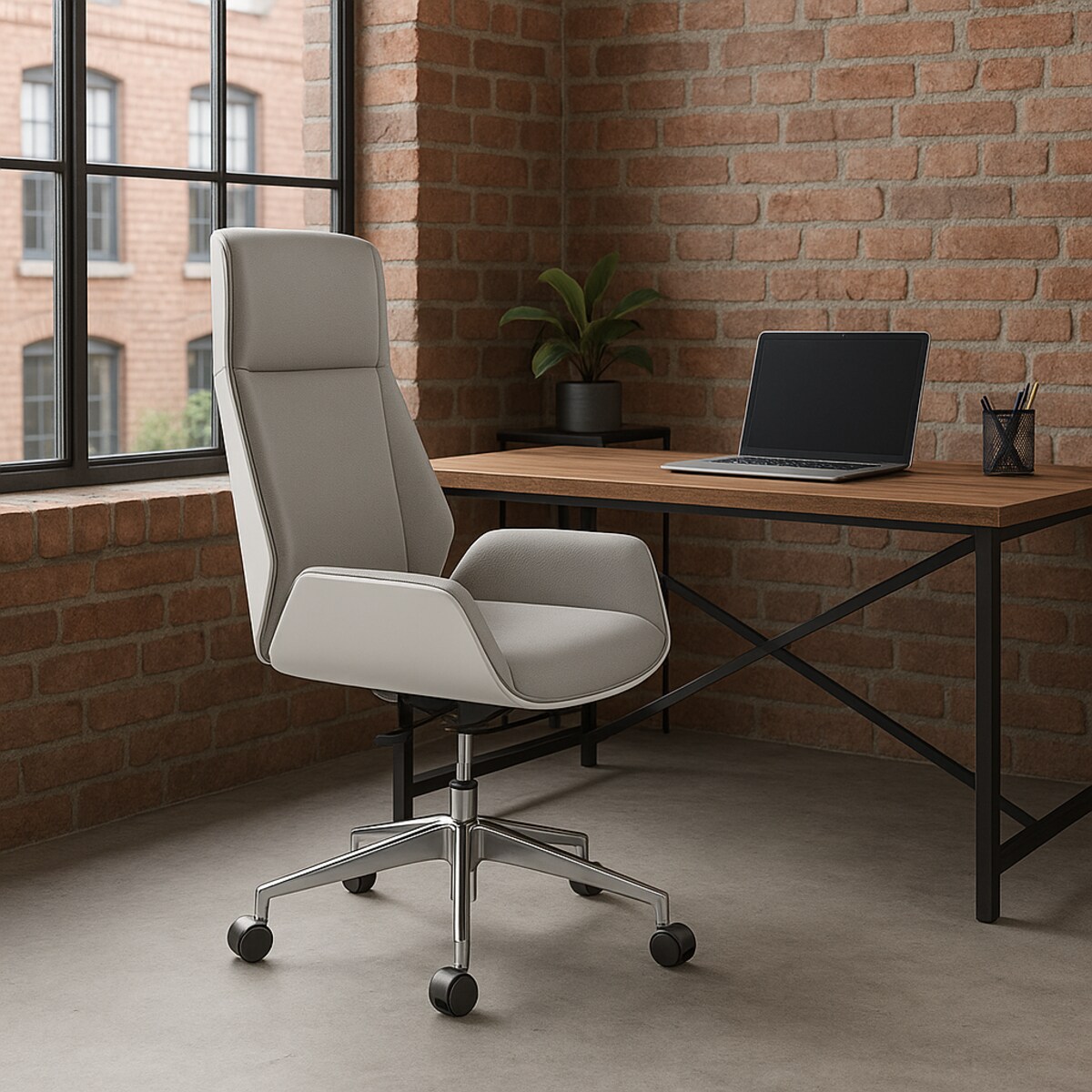 Fotel obrotowy biurowy biało szary srebrna noga Luxury Premium