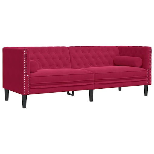 vidaXL Sofa Chesterfield z wałkami, trzyosobowa, bordowa, aksamit