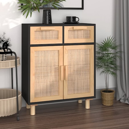 vidaXL Komoda, czarna, 60x30x75 cm, lita sosna i naturalny rattan