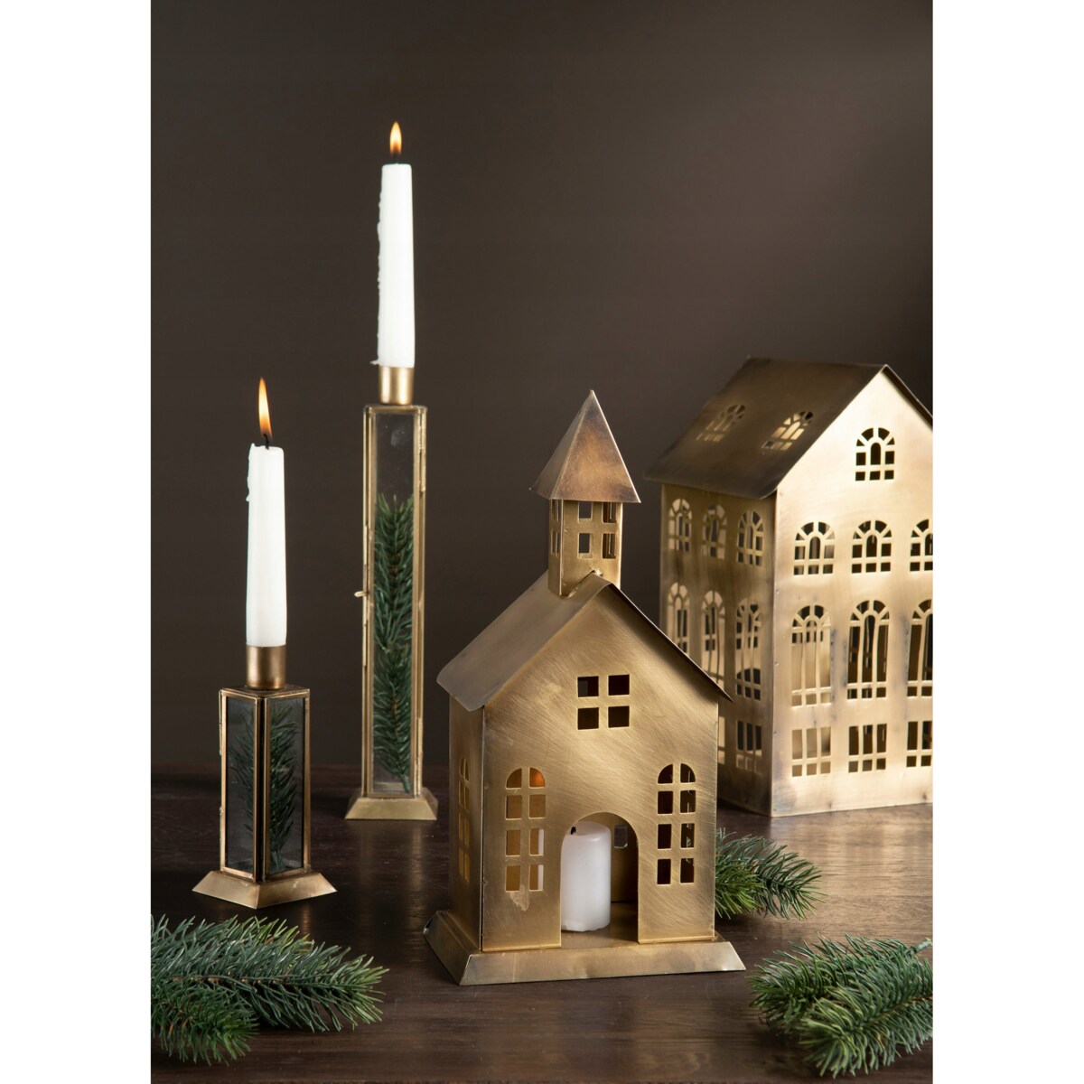 LAMPION W KSZTAŁCIE KOŚCIOŁA domku ŚWIĄTECZNY metalowy ZŁOTY wys. 31cm