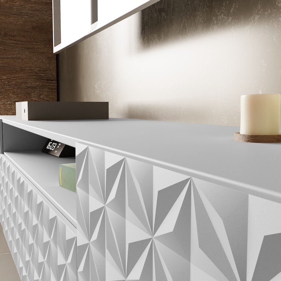 Szafka RTV ALI 200 cm, stojąca, z ozdobnymi frontami, pod telewizor- biała