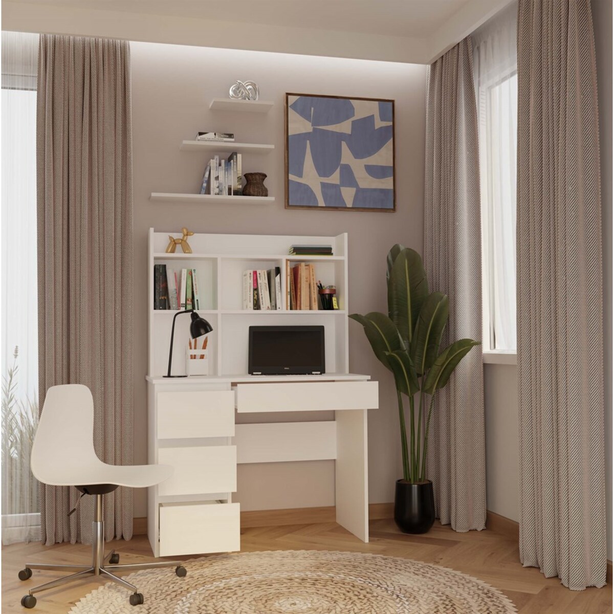 Biurko Topeshop Mijas Lewe Z Nadstawką Biel Mat 4 Szuflady 4 Półki