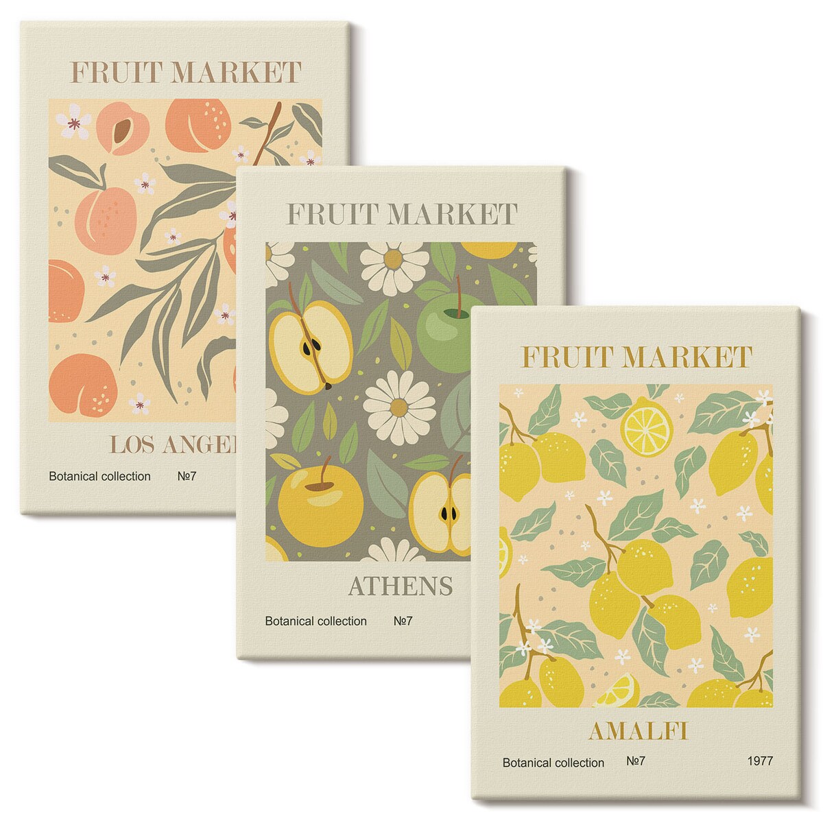 Zestaw 3 małych obrazów na płótnie - Owocowe wzory retro plakaty boho - żółty